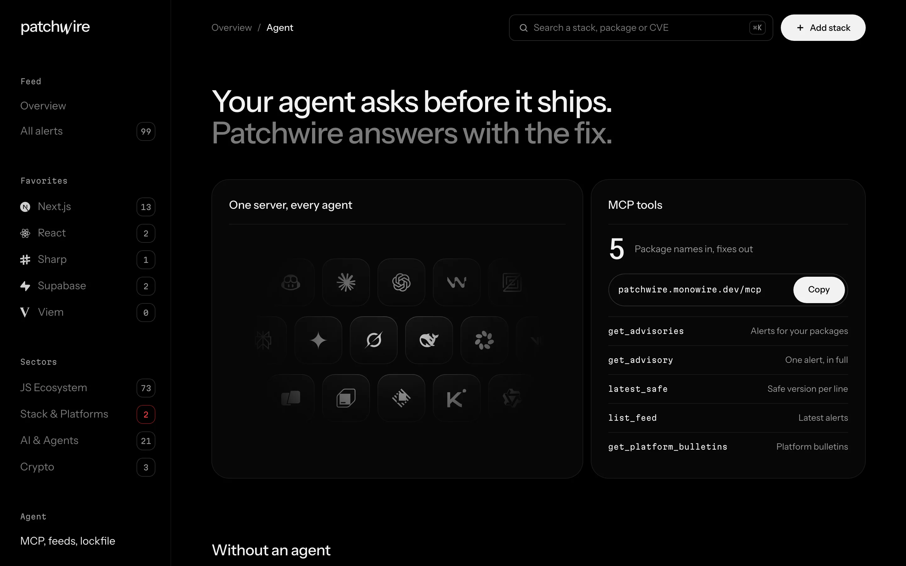 The Agent page: one MCP address and five tools