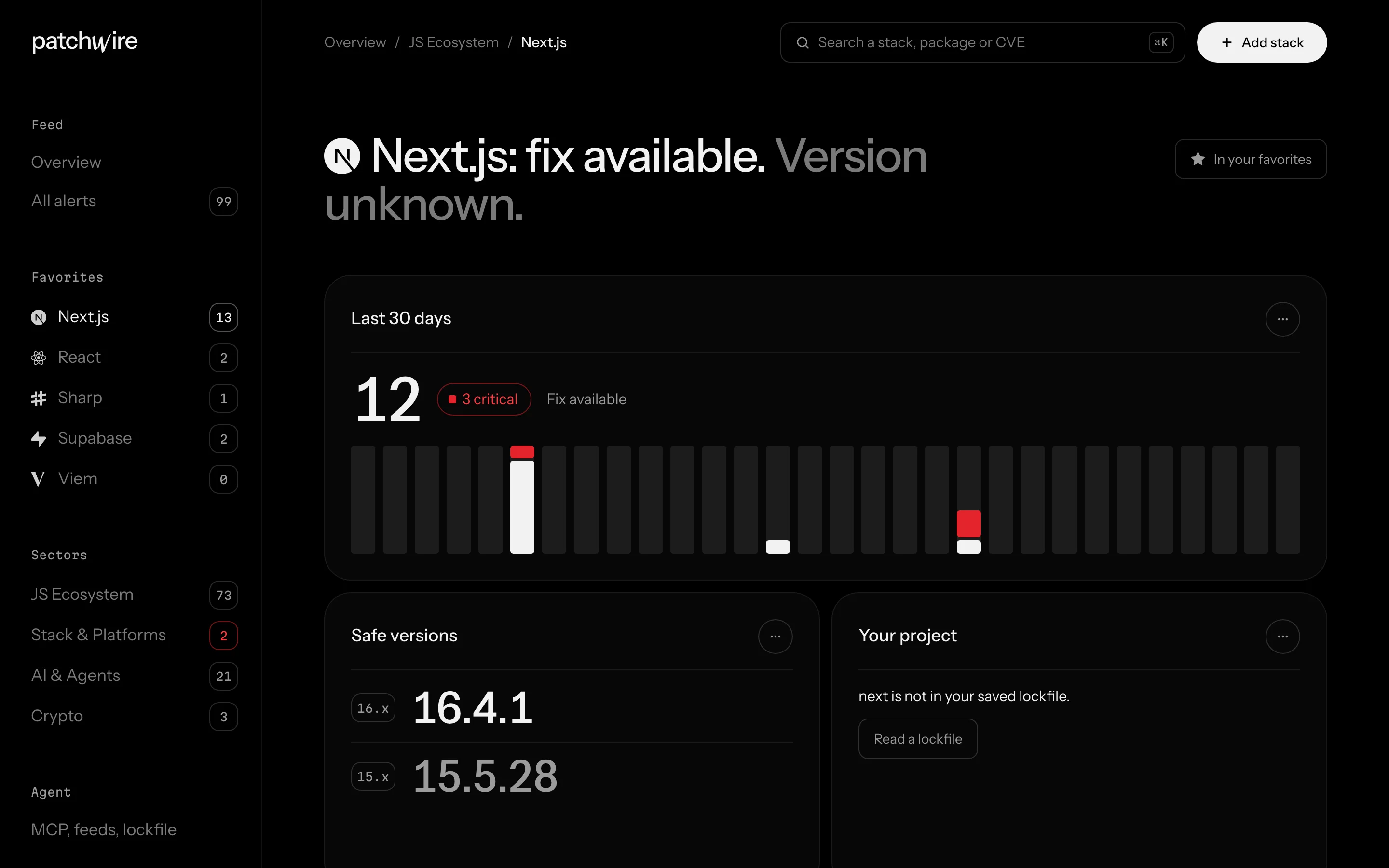 A stack page: alerts of the last 30 days, safe versions and the project lockfile